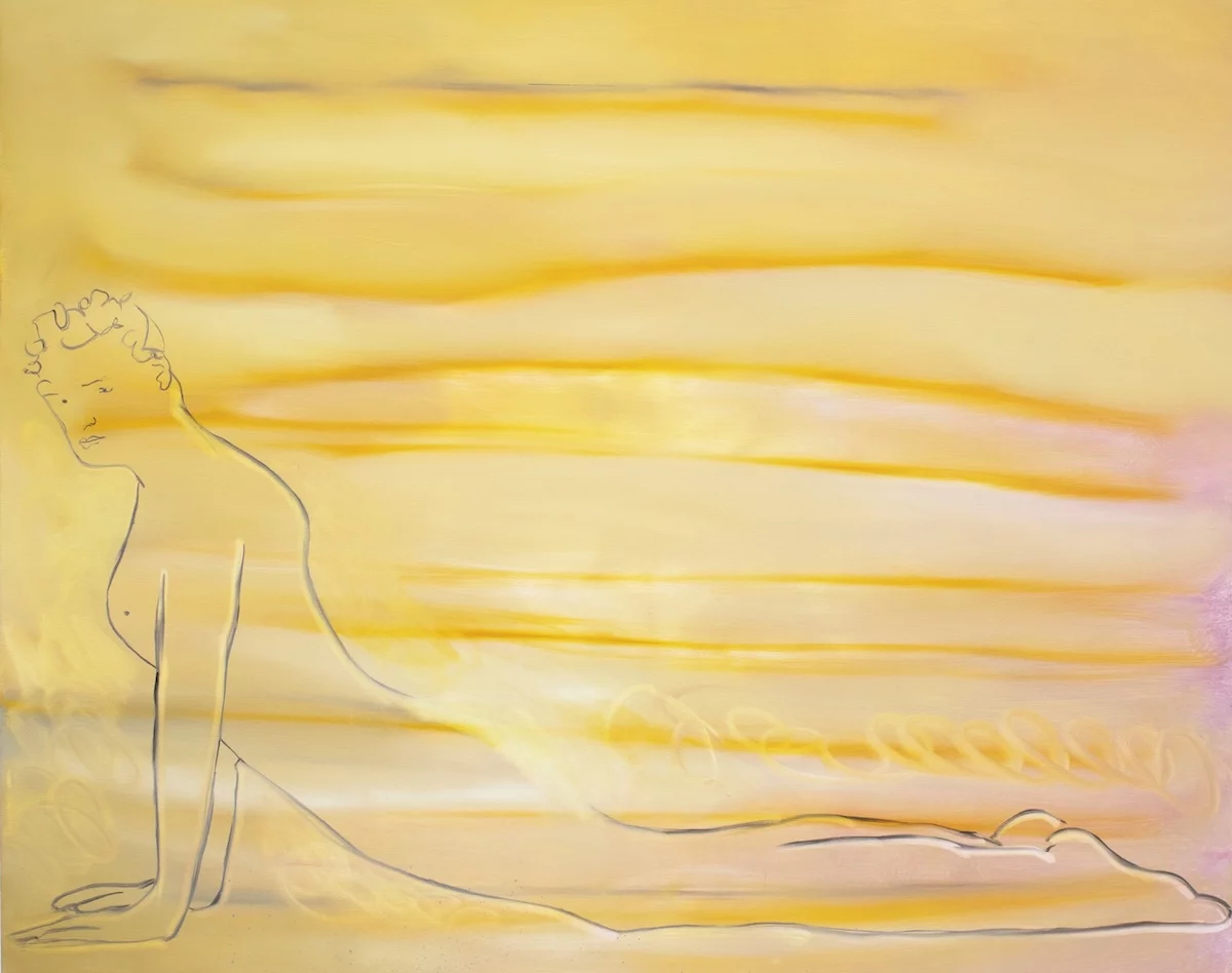 Oil painting by Daniel Franklin, Titled Blue Shorts Grey Shorts Bare. Daniel is a queer artist represented by Gray Area Gallery.